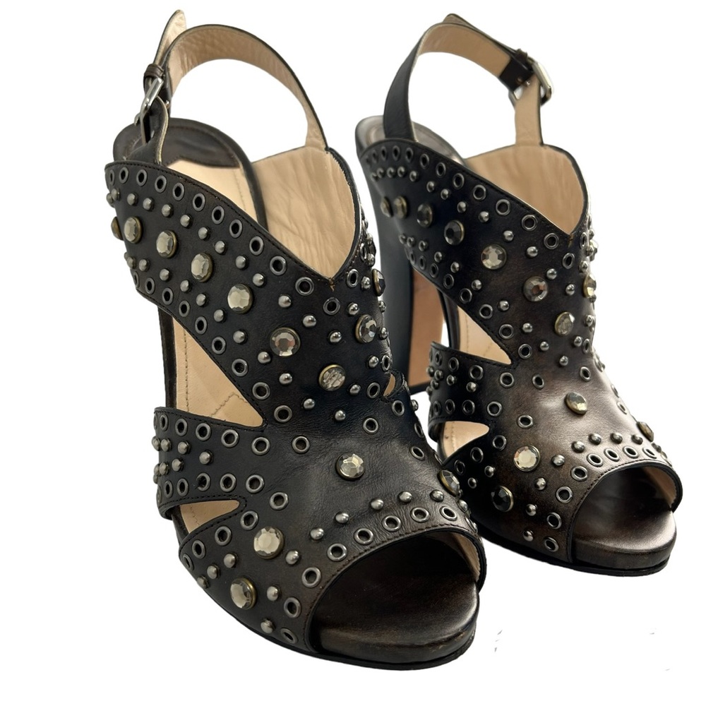Prada Leather Studded Strappy Chocolate Block Heel Sandal Size 38.5 (US 8)